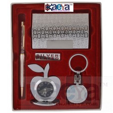 OkaeYa Silver Plated Pen And Visiting Card Holder And Apple Shape Clock And Key Ring (Silver, Pack of 4)